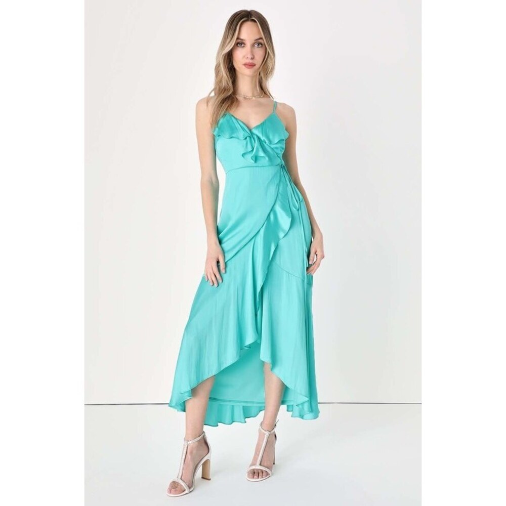 Lulus Glowing Arrival Teal Blue Ruffled Wrap Midi Dress - Size L